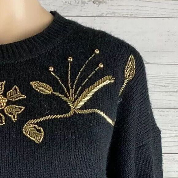 NWT Vintage Russ Sweater Large Black Gold Floral Beadwork Retro 80s Beverly Knit - Picture 4 of 11